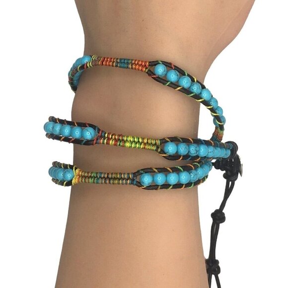 Wrap Bracelet Blue Black Beaded Boho Style Adjustable Length - Picture 1 of 2
